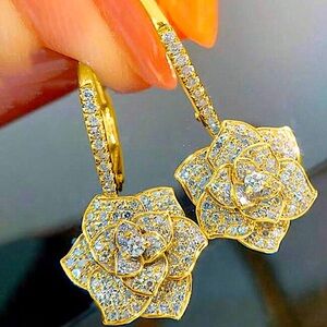Gold Rose Flower Petal Cubic Zircon Wedding Anniversary Dangle Earrings
